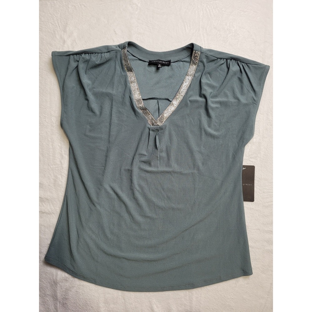 NWT Fifty Street Blouse Womens M Sage Green Metallic Trim Short Sleeve